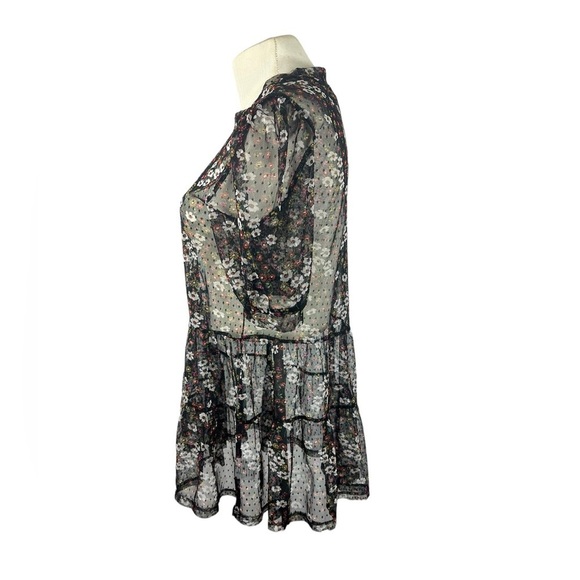 Meraki sheer tulle top size M whimsygoth Black floral puff sleeve tiered - Picture 2 of 8
